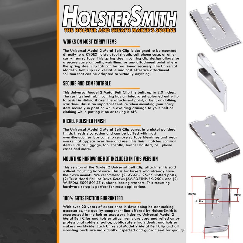 Holstex HolsterSmith Universal Metal Belt Clip - fits up to 2.0 inch Belts - Nickel & Black Finish – with Mounting Hardware - Image 5